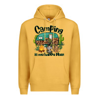 Mustard camping is my happy place caravan and gnome Premium Hoodie - BarkalooDesign