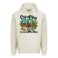 Oatmeal Heather camping is my happy place caravan and gnome Premium Hoodie - BarkalooDesign