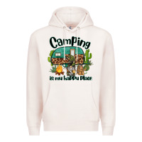 Pale Pink camping is my happy place caravan and gnome Premium Hoodie - BarkalooDesign