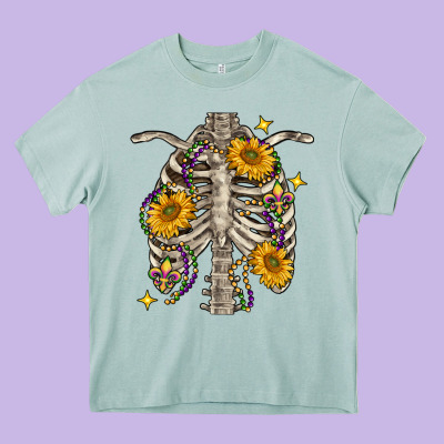 Mardi Gras Chest Sunflowers Skeleton Heavy Core Tee Designed By Fadigitalartstudio