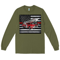 Army Green thin red line American flag fire truck Long Sleeve Tee - Artiststas