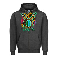 Charcoal Heather Taurus Zodiac Sign Sunflower Leopard Serape Zipper Hoodie - RanaPortraitStore