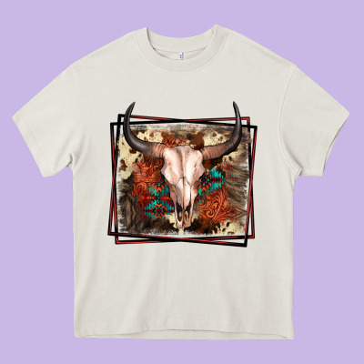 Western Bull Skull Heavy Core Tee Designed By Fadigitalartstudio