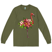 Army Green flamingo with tropical flowers Long Sleeve Tee - Artiststas