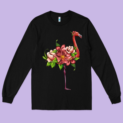 Flamingo With Tropical Flowers Long Sleeve Tee Designed By Artiststas