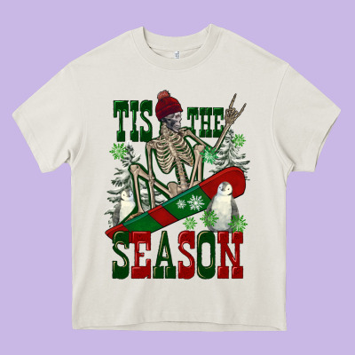 Tis The Season Skeleton Snowboard Heavy Core Tee Designed By Fadigitalartstudio
