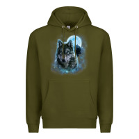 Army Green t shirt, grey wolf hunting ground, icy moon, forest, galaxy Premium Hoodie - linhVisuals
