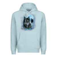 Blue Mist t shirt, grey wolf hunting ground, icy moon, forest, galaxy Premium Hoodie - linhVisuals