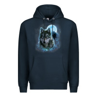 Navy t shirt, grey wolf hunting ground, icy moon, forest, galaxy Premium Hoodie - linhVisuals