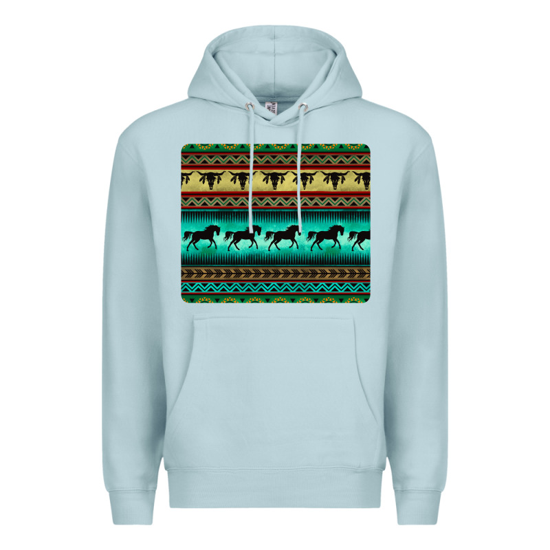 Turquoise Horse And Bullskull Aztec  Pattern Premium Hoodie by BarkalooDesign | Teevron
