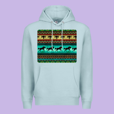 Turquoise Horse And Bullskull Aztec  Pattern Premium Hoodie Designed By Barkaloodesign