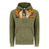 Vintage Olive mess bun mama with sunflowers and colorful leopard license plate Vintage Hoodie - BarkalooDesign