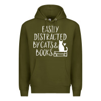 Army Green easily distracted by cats and books   cute book lover t shirt Premium Hoodie - linhVisuals