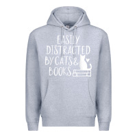 Heather Grey easily distracted by cats and books   cute book lover t shirt Premium Hoodie - linhVisuals