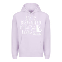 Lilac easily distracted by cats and books   cute book lover t shirt Premium Hoodie - linhVisuals