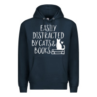 Navy easily distracted by cats and books   cute book lover t shirt Premium Hoodie - linhVisuals