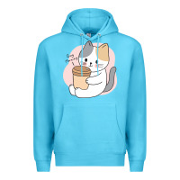 Ocean Blue Cat Drinking Coffee Kitten Kawaii Japanese Kitty Premium Hoodie - linhVisuals
