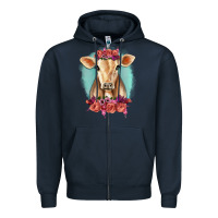 Navy Floral Cow Zipper Hoodie - RanaPortraitStore