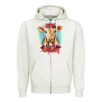 Oatmeal Heather Floral Cow Zipper Hoodie - RanaPortraitStore