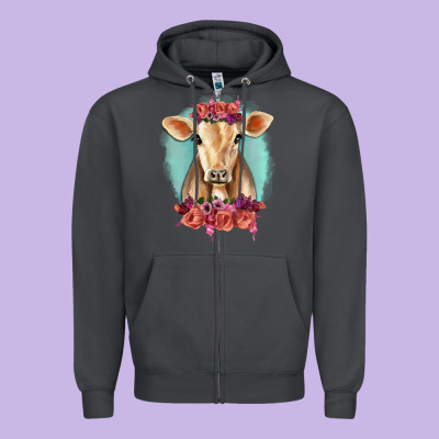 Floral Cow Zipper Hoodie Designed By Ranaportraitstore