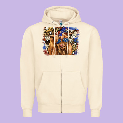 4th Of July Highland Cattle Zipper Hoodie Designed By Ranaportraitstore