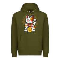 Army Green maneki neko lucky cat money feline japanese good luck charm kitten gif Premium Hoodie - linhVisuals