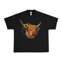 Black highland cow with sunflowers turquoise Urban Heavy Tee - RanaPortraitStore