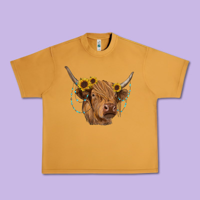 Highland Cow With Sunflowers Turquoise Urban Heavy Tee Designed By Ranaportraitstore
