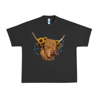 Pigment Black highland cow with sunflowers turquoise Urban Heavy Tee - RanaPortraitStore