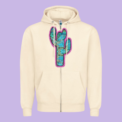 Western Turquoise Cactus Zipper Hoodie Designed By Ranaportraitstore