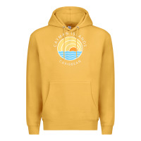 Mustard cayman islands retro colorful ocean sunset palm tree novelty Premium Hoodie - linhVisuals