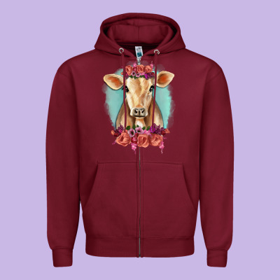 Floral Cow Zipper Hoodie Designed By Ranaportraitstore
