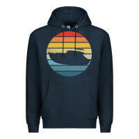 Navy boat t  shirt boat trip silhouette on a distressed retro sunset produc Premium Hoodie - linhVisuals