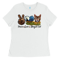 White Peace Love Bengal Cat Head Ladies Tee - LillyAllenDesigns