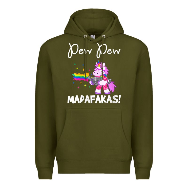 Womens Pew Madafakas Funny Fantasy Unicorn With Rainbow Gun   White V Premium Hoodie by linhVisuals | Teevron