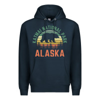 Navy katmai national park alaska bear hiking travel nature retro pullover h Premium Hoodie - linhVisuals