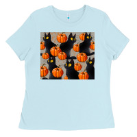Baby Blue black cat with pumpkins tumbler Ladies Tee - LillyAllenDesigns