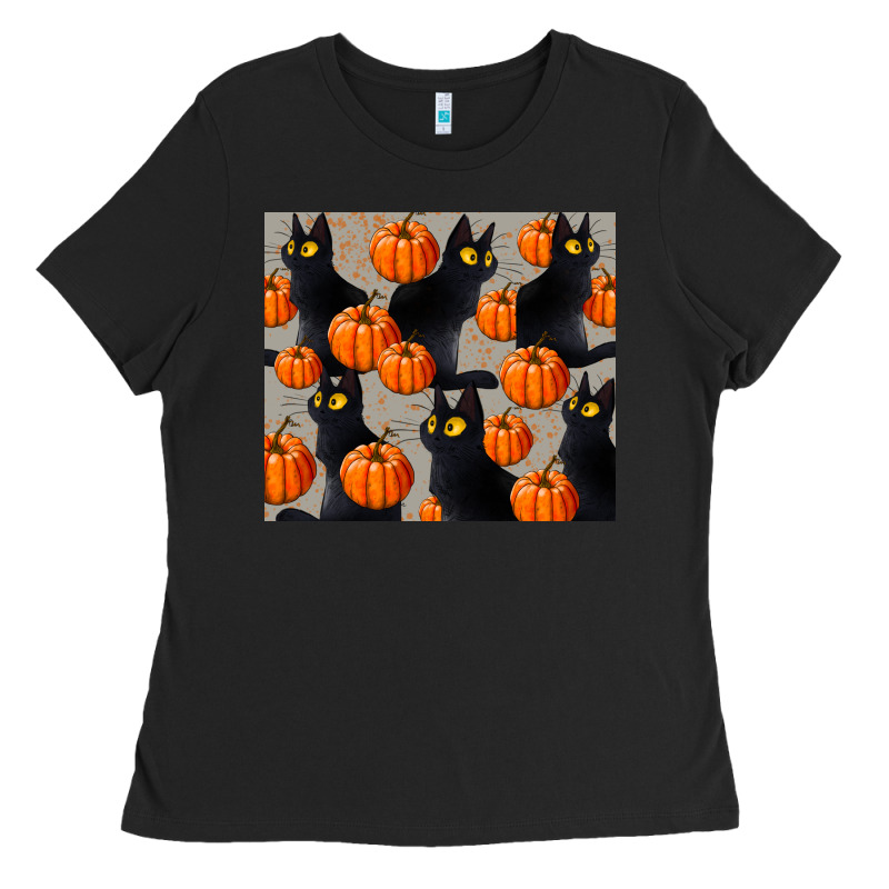 Black Cat With Pumpkins Tumbler Ladies Tee by LillyAllenDesigns | Teevron