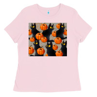 Bubblegum Pink black cat with pumpkins tumbler Ladies Tee - LillyAllenDesigns