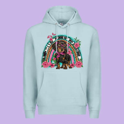 Dachshund Dog Pink  Floral Rainbow Premium Hoodie Designed By Barkaloodesign