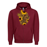 Burgundy glitter sunflowers leopard patch Zipper Hoodie - RanaPortraitStore
