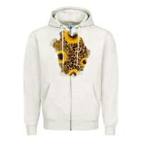 Oatmeal Heather glitter sunflowers leopard patch Zipper Hoodie - RanaPortraitStore