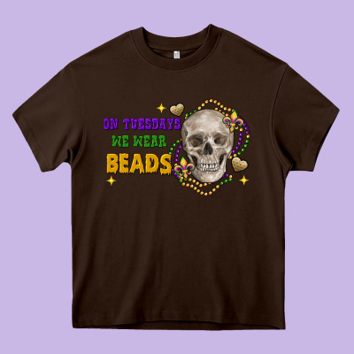 On Tuesdays We Wear Beads Skull Heavy Core Tee Designed By Fadigitalartstudio