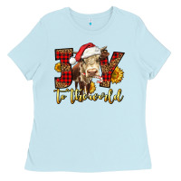 Baby Blue joy to the world christmas cow Ladies Tee - LillyAllenDesigns