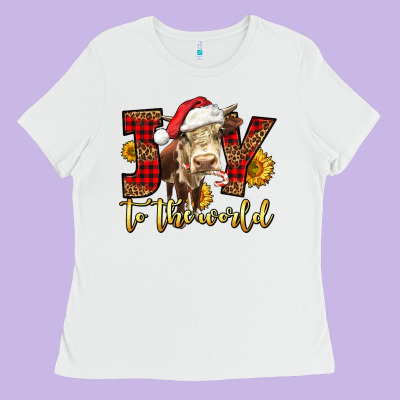 Joy To The World Christmas Cow Ladies Tee Designed By Lillyallendesigns