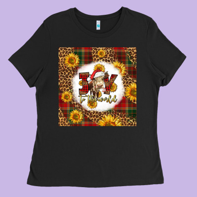 Joy To The World Christmas Cow Ladies Tee Designed By Lillyallendesigns