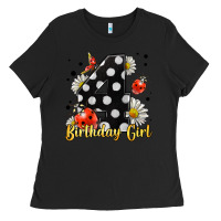 Black ladybug birthday girl age 4 Ladies Tee - LillyAllenDesigns