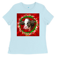 Baby Blue christmas holstein calf face Ladies Tee - LillyAllenDesigns