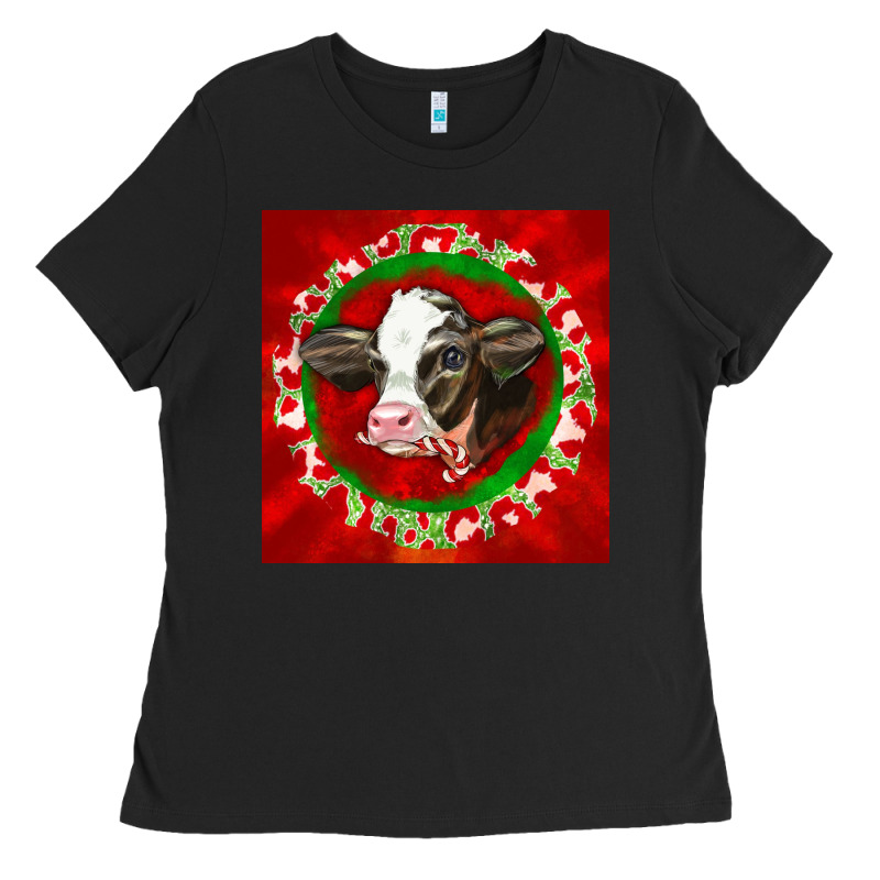 Christmas Holstein Calf Face Ladies Tee by LillyAllenDesigns | Teevron