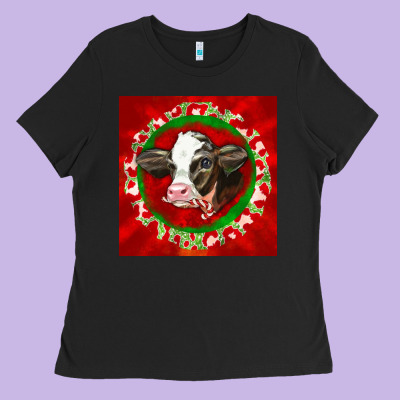 Christmas Holstein Calf Face Ladies Tee Designed By Lillyallendesigns